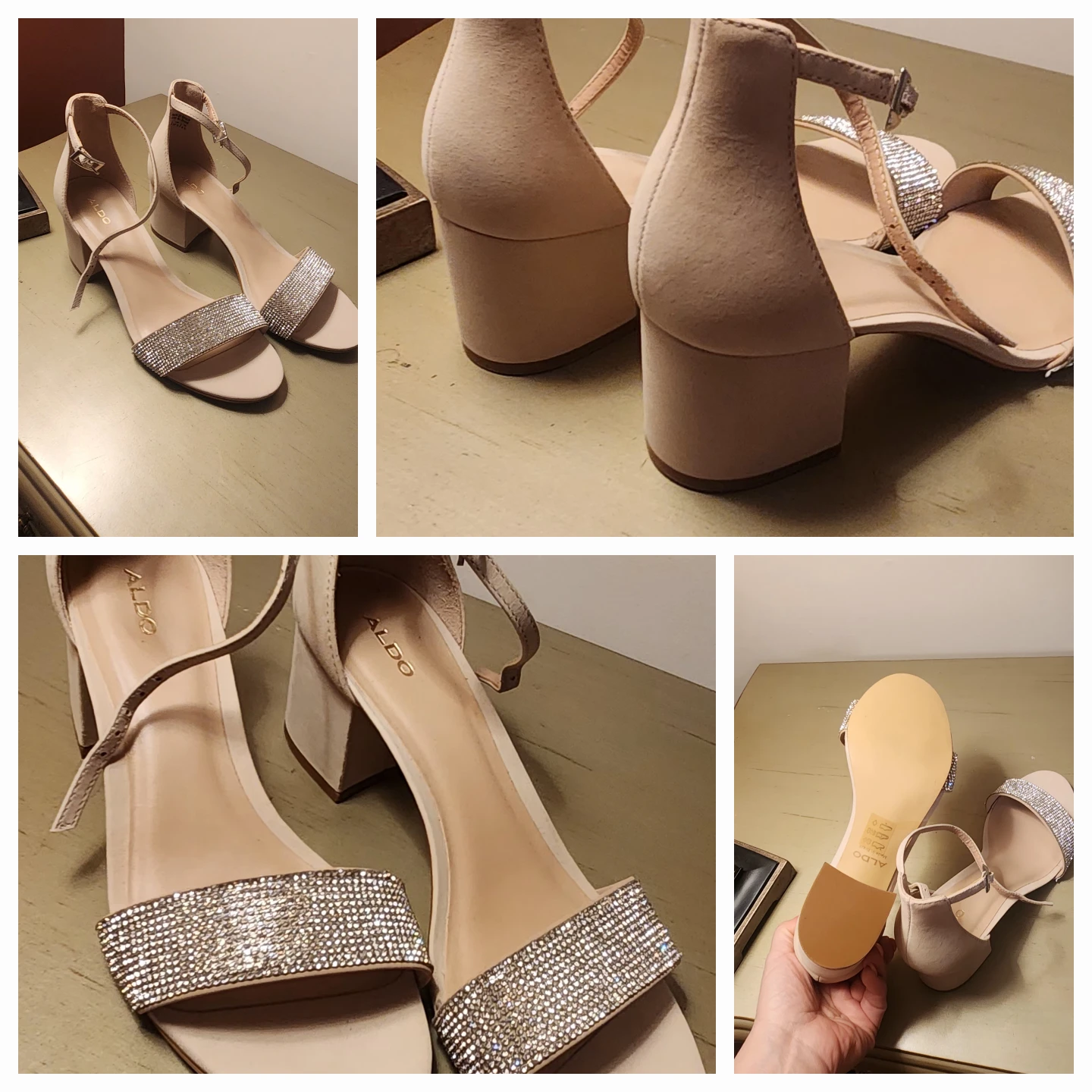 ALDO Women's Beige Block Heel Sandals with Rhinestones