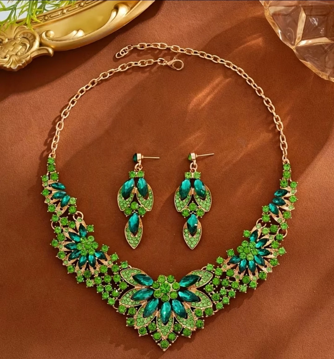 Green Peacock Rhinestone Necklace and Earring Set