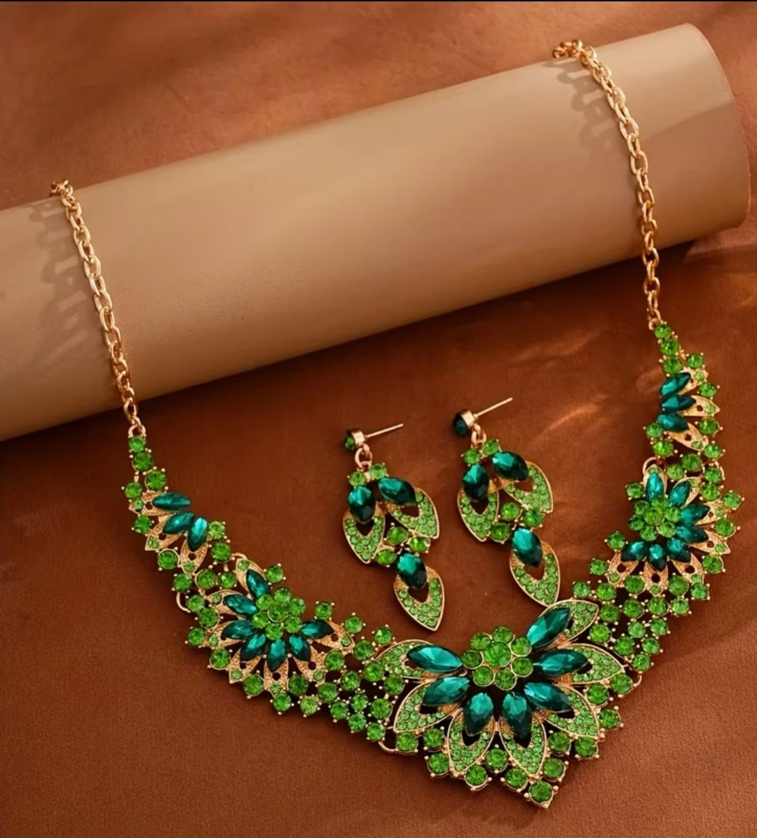 Green Peacock Rhinestone Necklace and Earring Set - photo 3