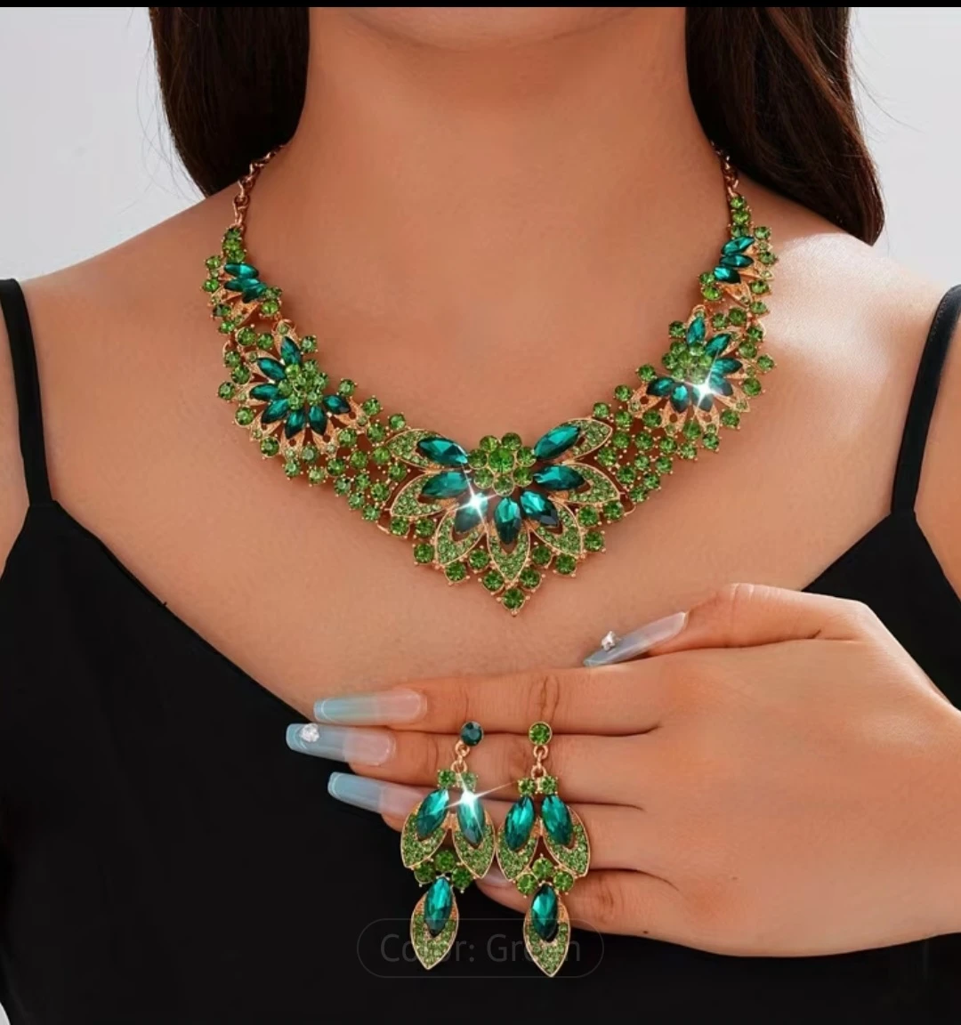 Green Peacock Rhinestone Necklace and Earring Set - photo 4
