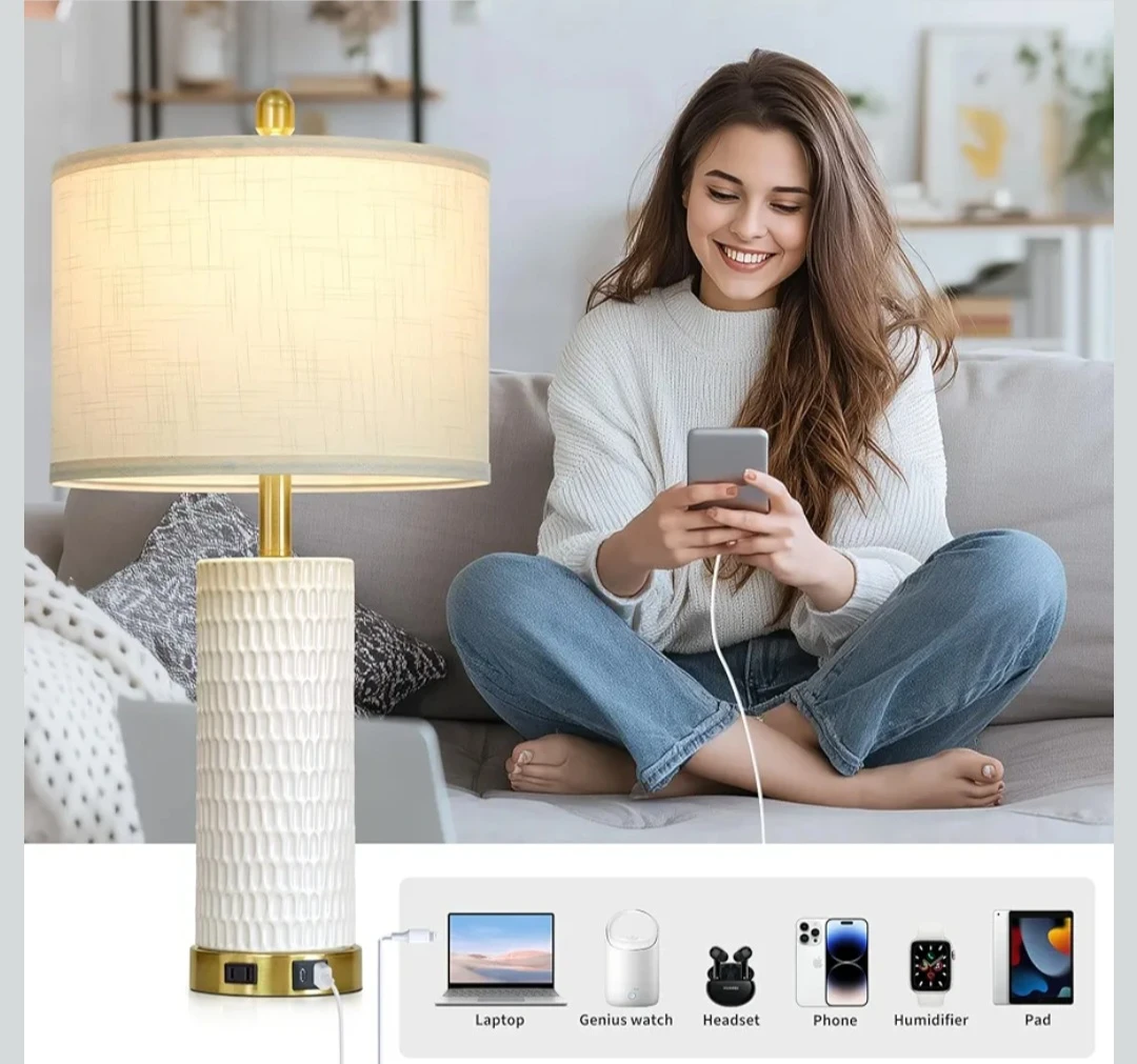 White Ceramic Table Lamp with USB Ports - photo 4