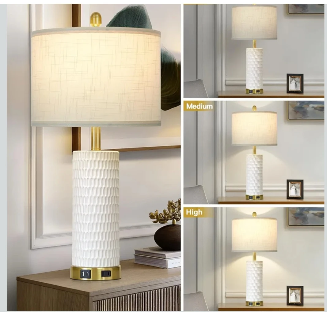 White Ceramic Table Lamp with USB Ports - photo 5