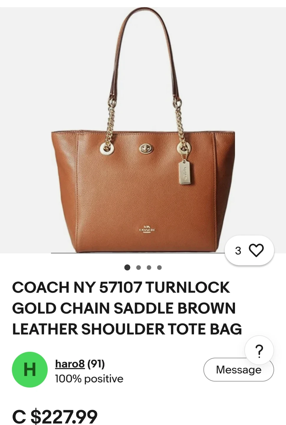 Coach Turnlock Gold Chain Saddle Brown Leather Shoulder Tote Bag - photo 4