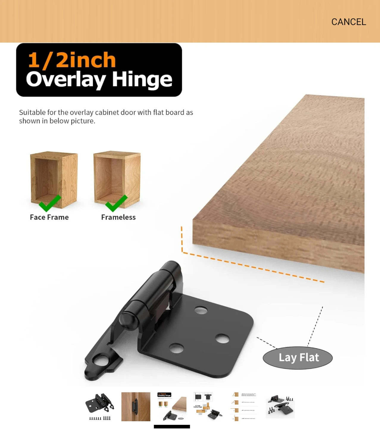 1/2 Inch Overlay Cabinet Hinges - Black 50pack - photo 3