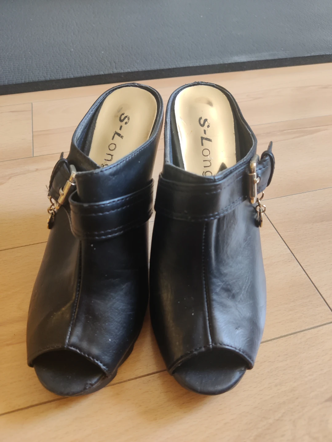 Brand New Genuine Leather S-Long Black Heeled Mules - Size 23.5