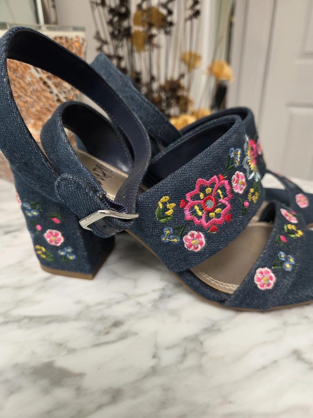 Denim Embroidered Block Heel Sandals Size 6M
