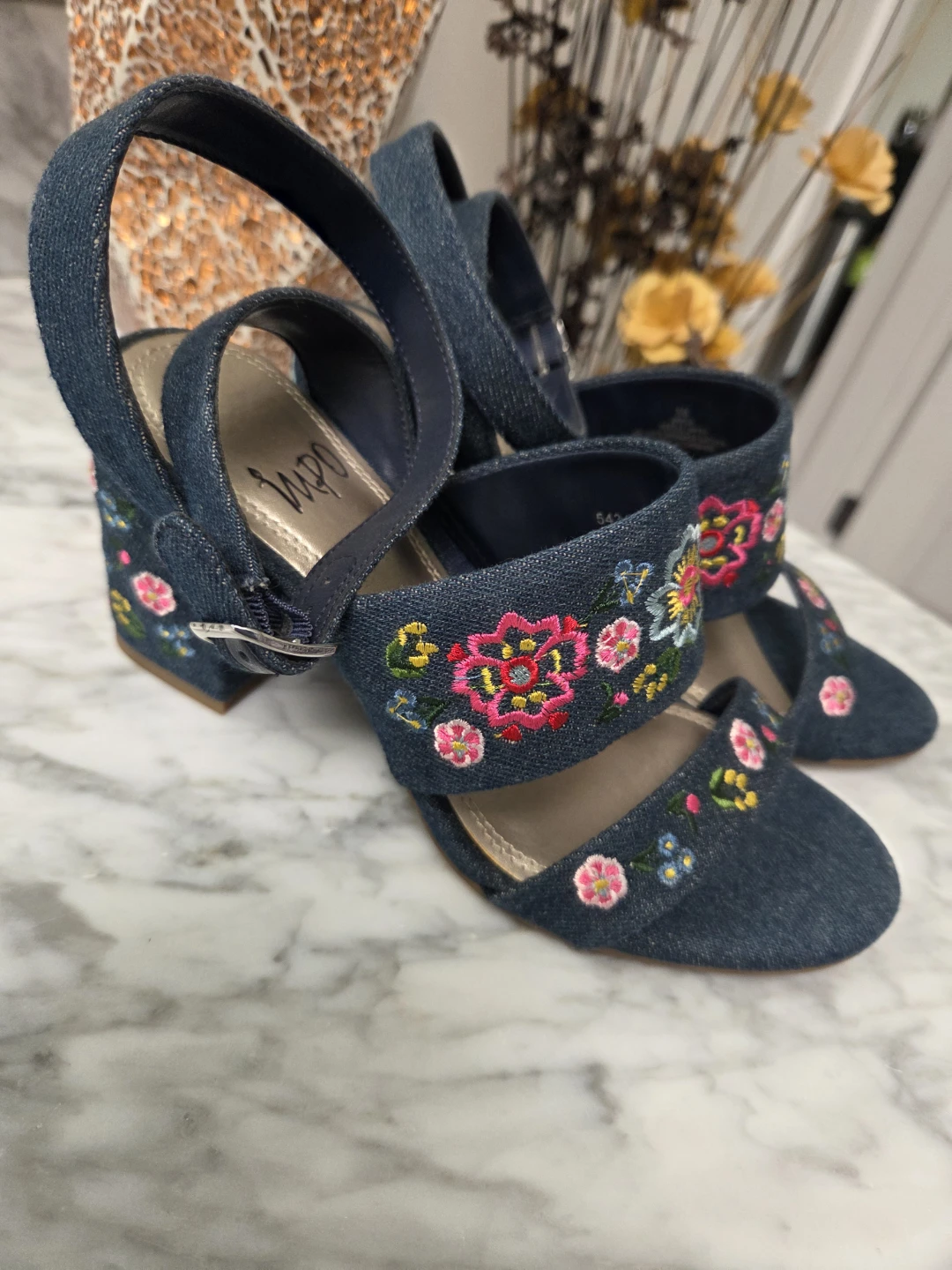 Denim Embroidered Block Heel Sandals Size 6M - photo 2