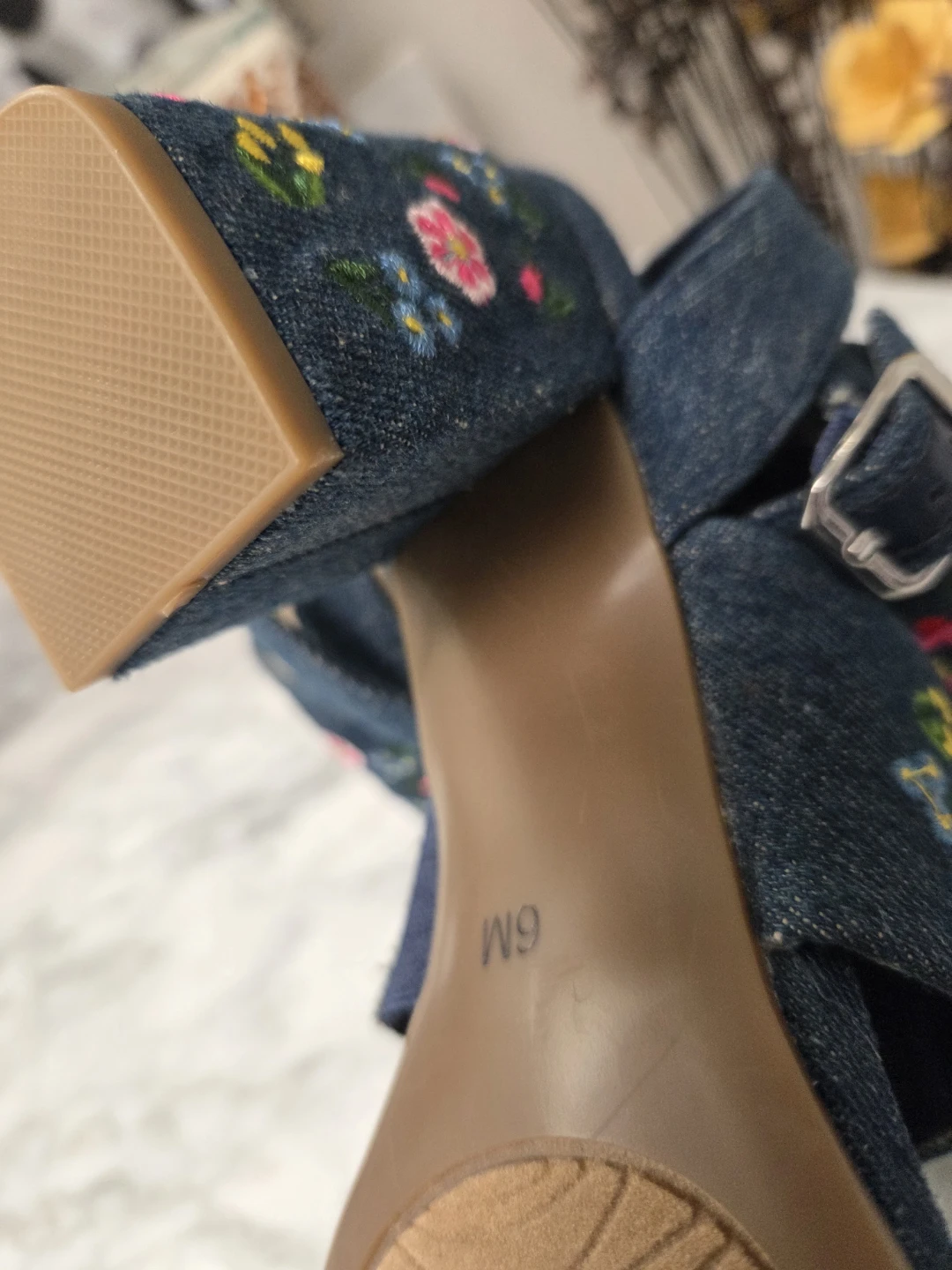Denim Embroidered Block Heel Sandals Size 6M - photo 3