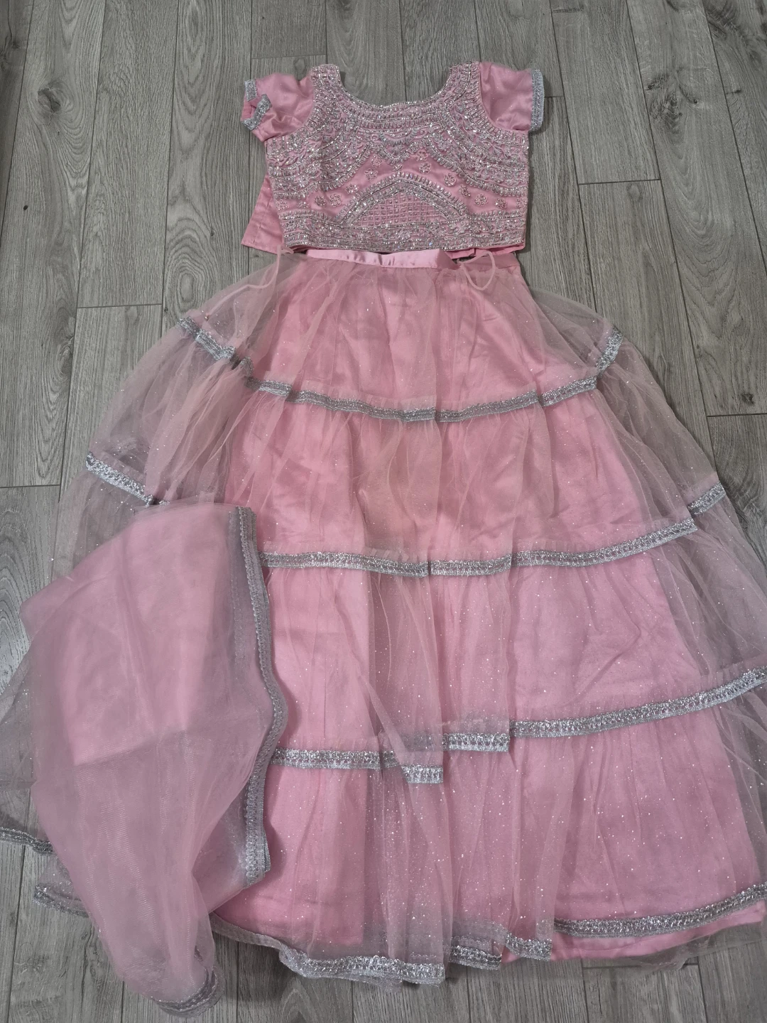 Pink Sequined Tiered Lehengas with Dupatta