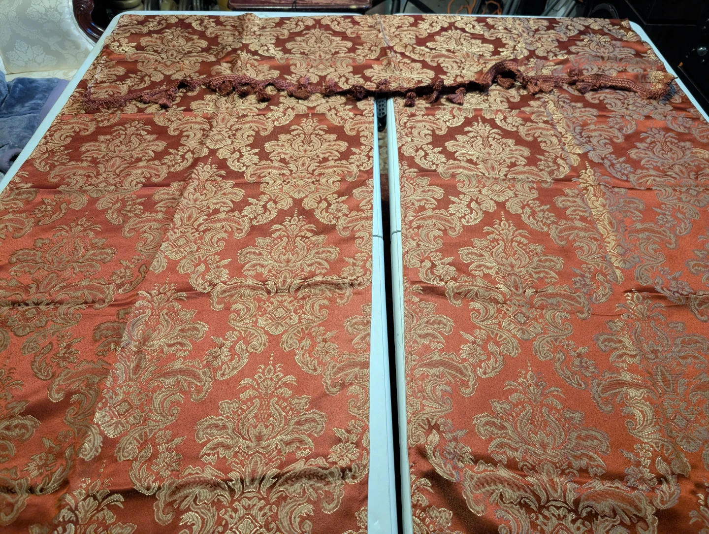 Two Red Damask Window Curtains with Tassels
