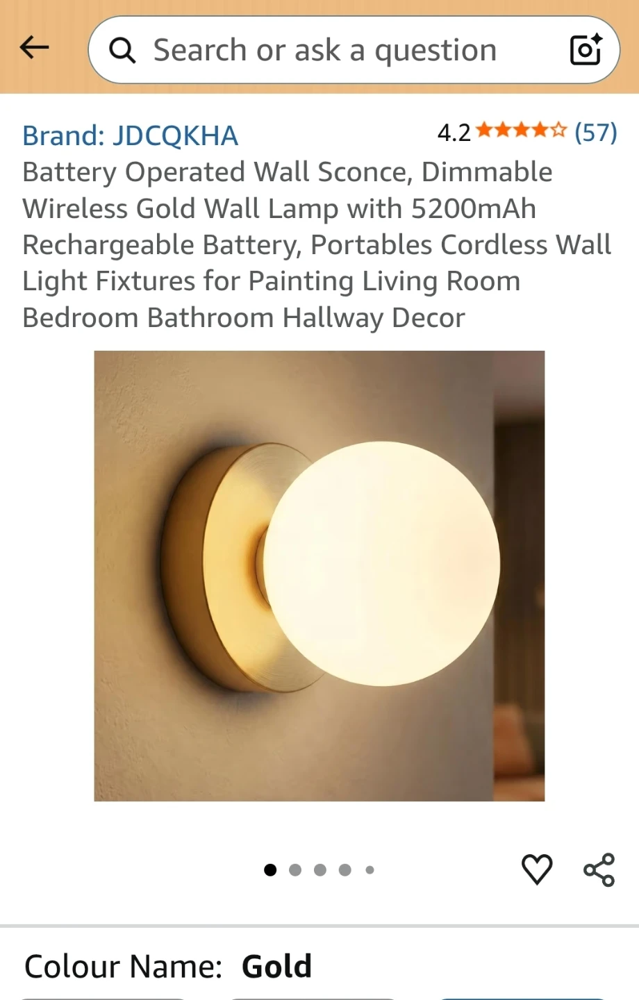 Gold Battery Operated Wall Sconce Lamp