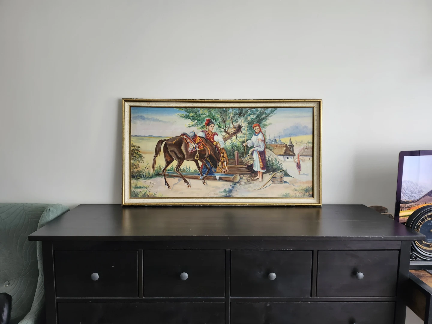Painting, ukrainian folk scene - Village Scene with Horse 1971