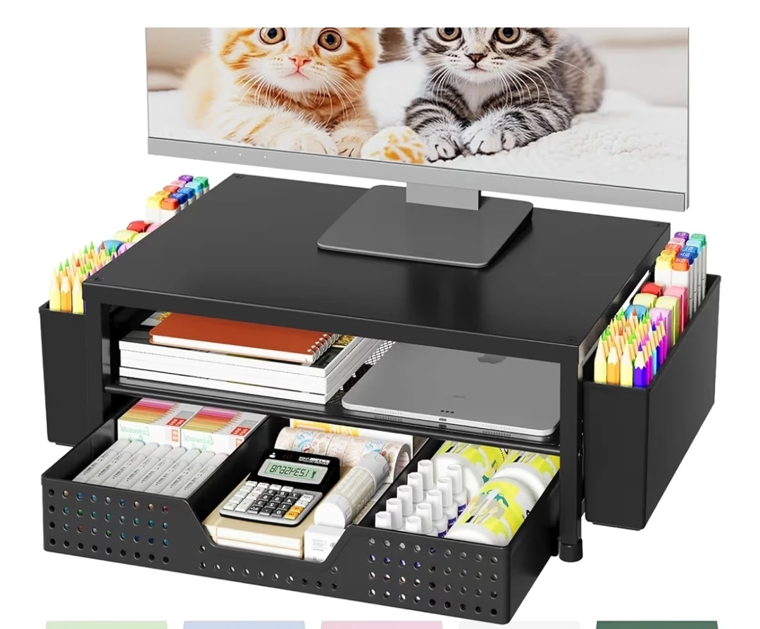 Black Metal Monitor Stand with Drawer and Pen Holders