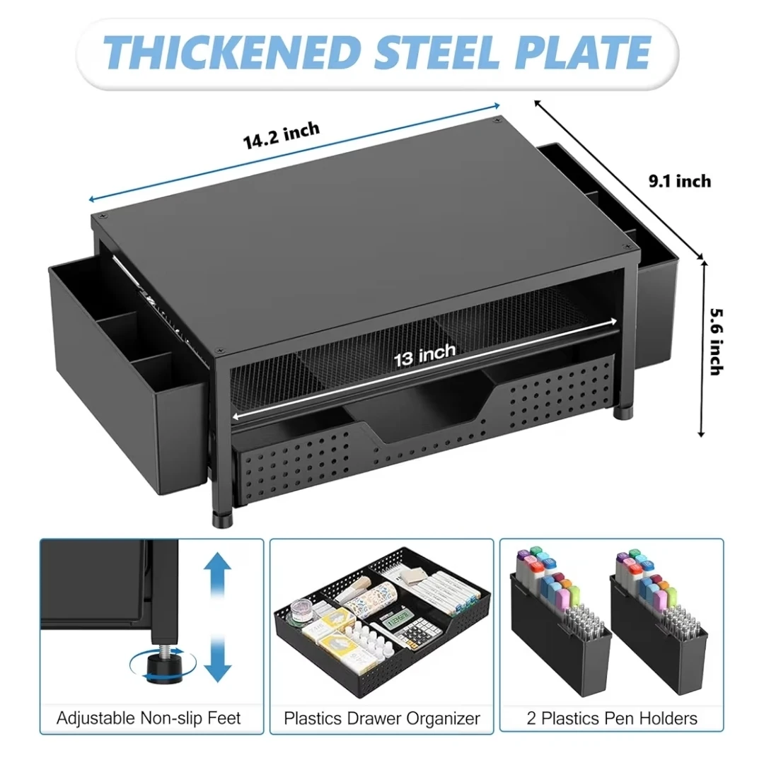 Black Metal Monitor Stand with Drawer and Pen Holders - photo 3