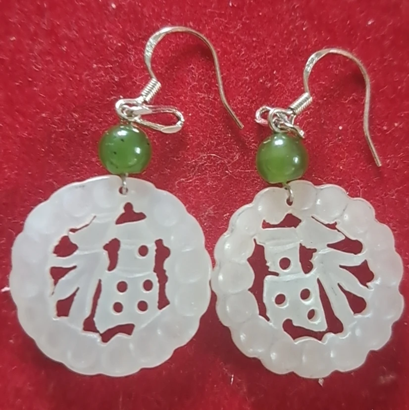 White Jade Carved Earrings with Green Jade Beads