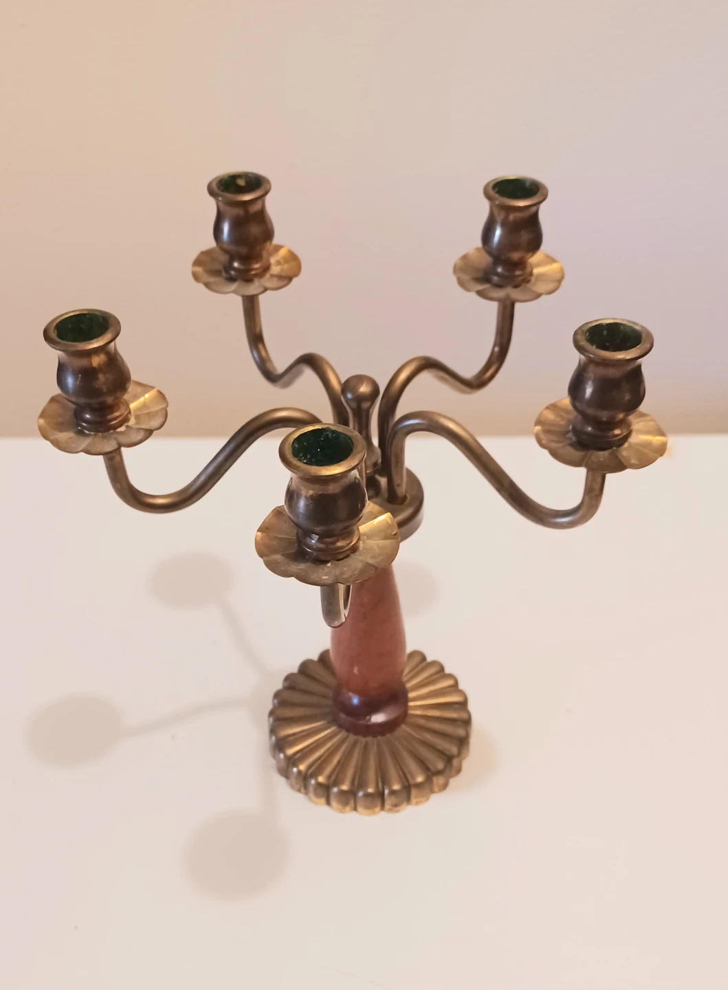 MCM Scandinavian Brass & Teak Wood Candelabra 5 Arms - photo 2
