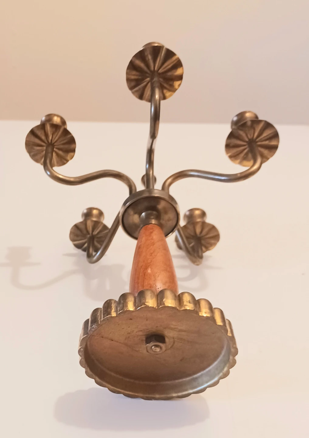 MCM Scandinavian Brass & Teak Wood Candelabra 5 Arms - photo 3