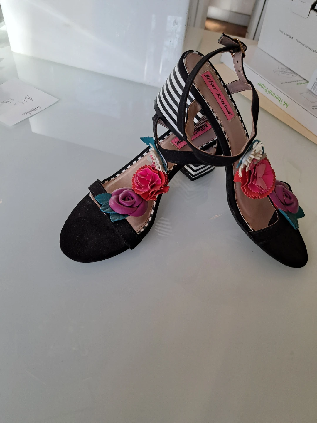 Betsey Johnson Black Floral Ankle Strap Heels