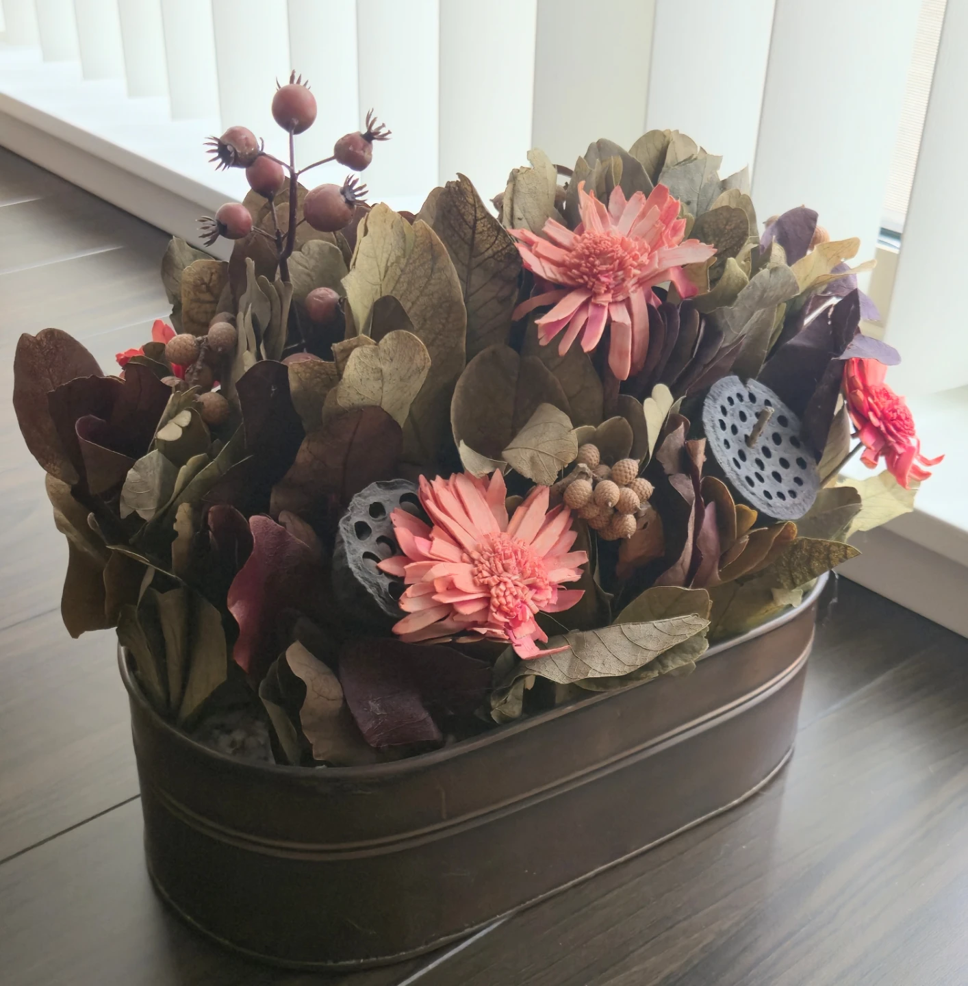 Dried Flower Arrangement in Metal Pot