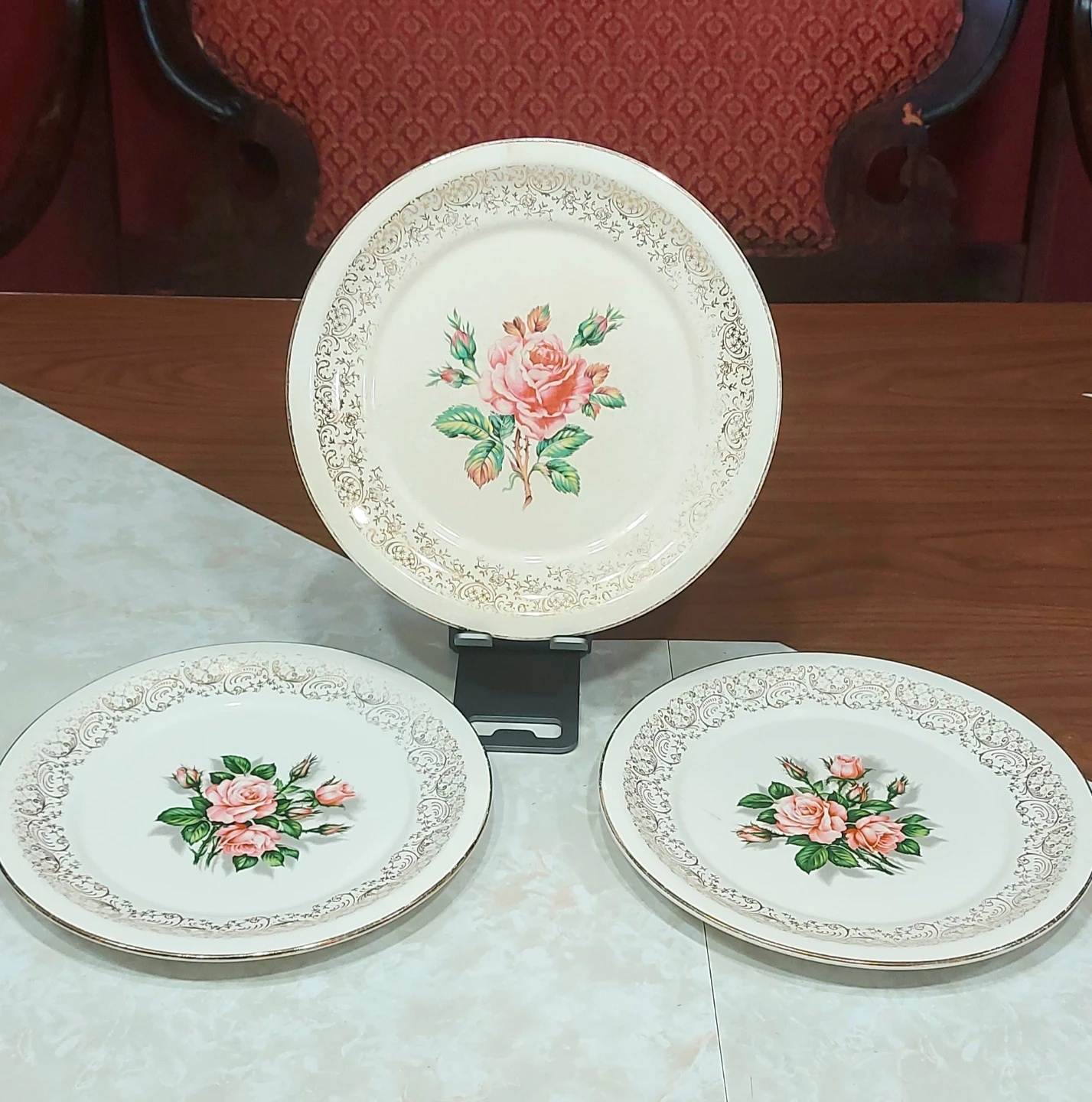 trade or $3 — rose pattern vintage plates