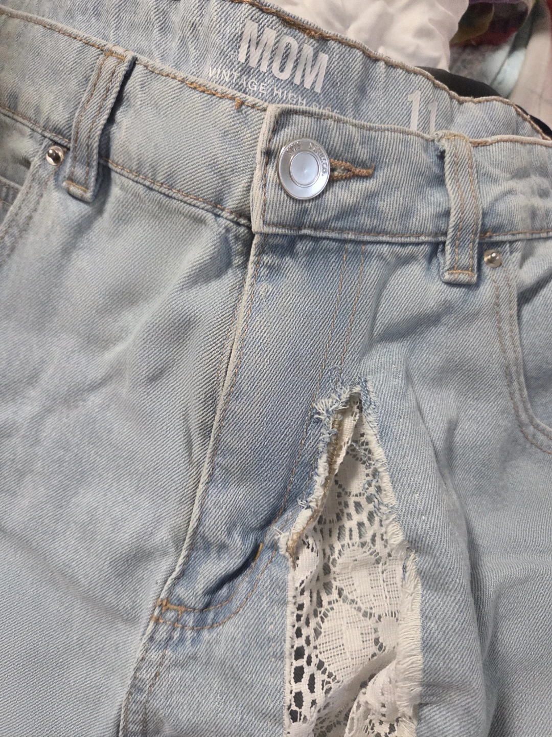 MOM Vintage High Rise Denim Shorts with Lace Inset