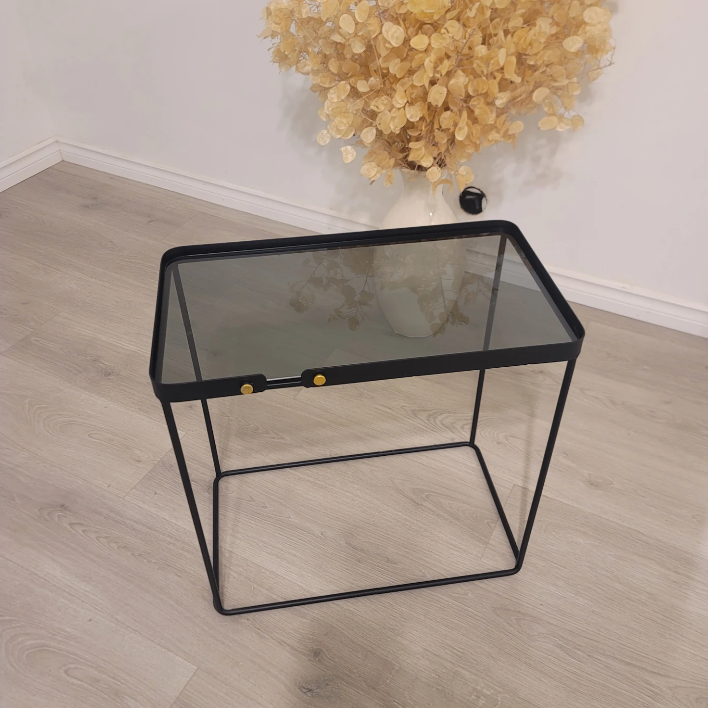 Modern Black Metal and Smoked Glass Side Table