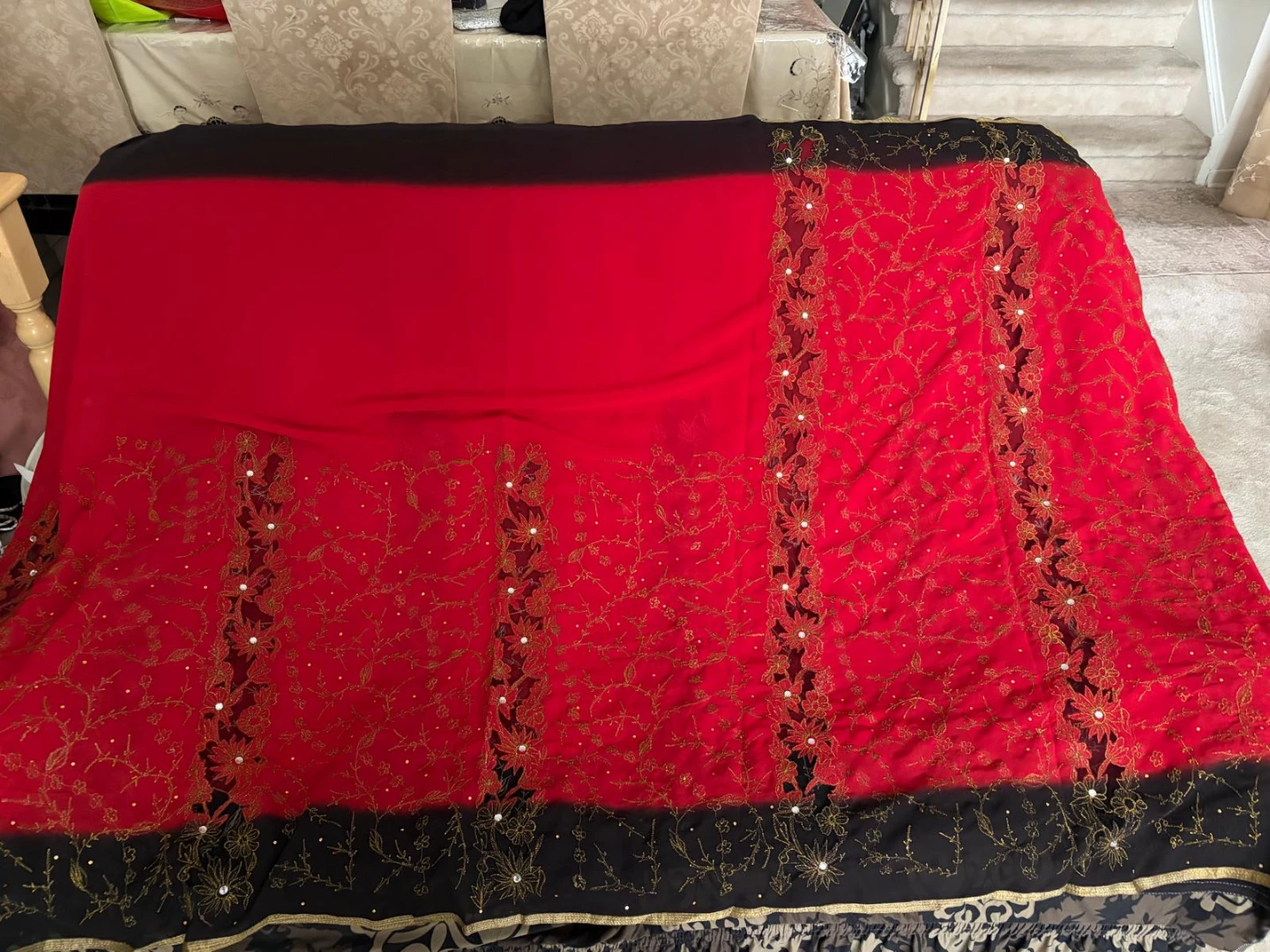 Red and Black Embellished Sari