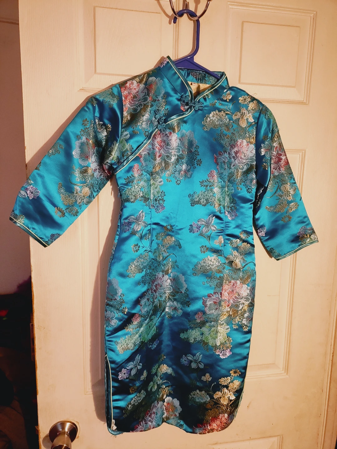 🌱Teal Floral Brocade kids Cheongsam Dress used