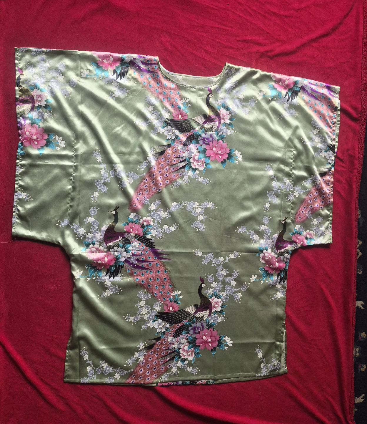 Satin Kimono Top with Peacock Print - photo 2
