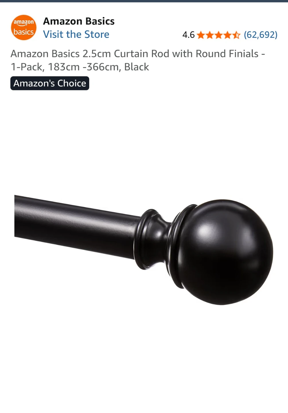 NEW Curtain Rod with Round Finials  - Black