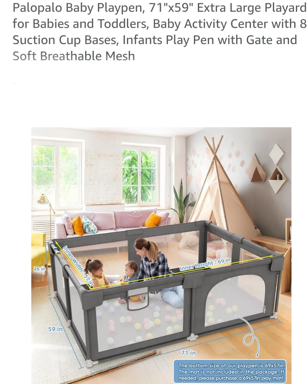 Palapalo Baby Playpen 71"x59" Extra Large Grey Playard - photo 2
