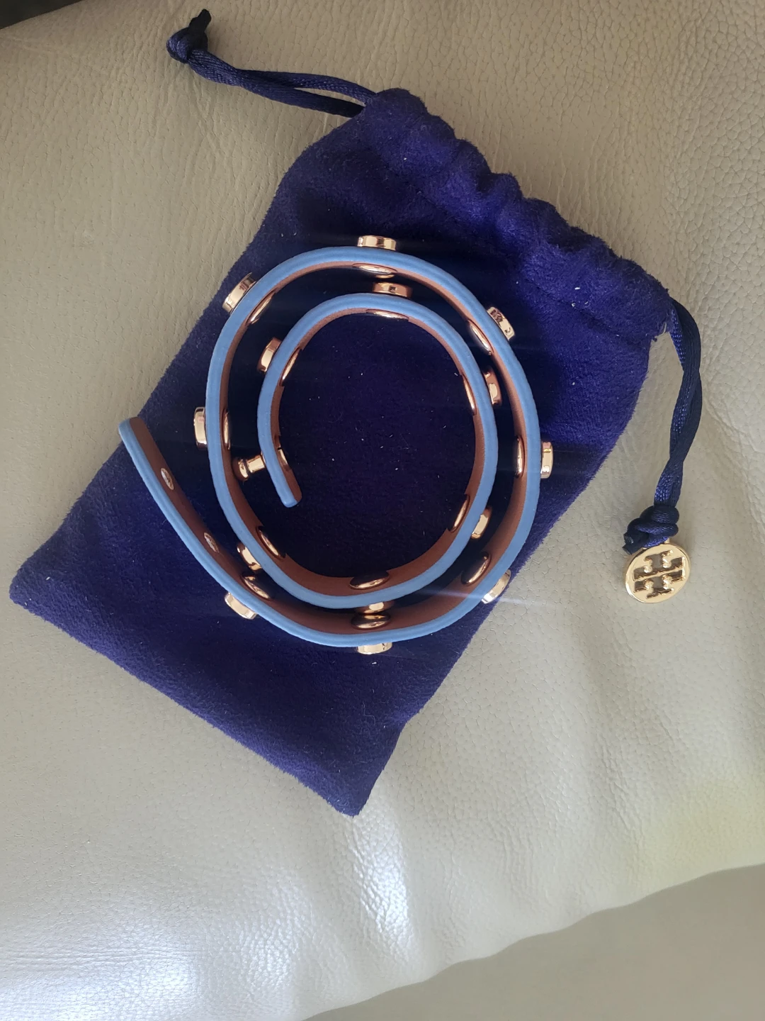 Tory Burch Double Wrap Bracelet - Blue Leather with Gold Studs - photo 3
