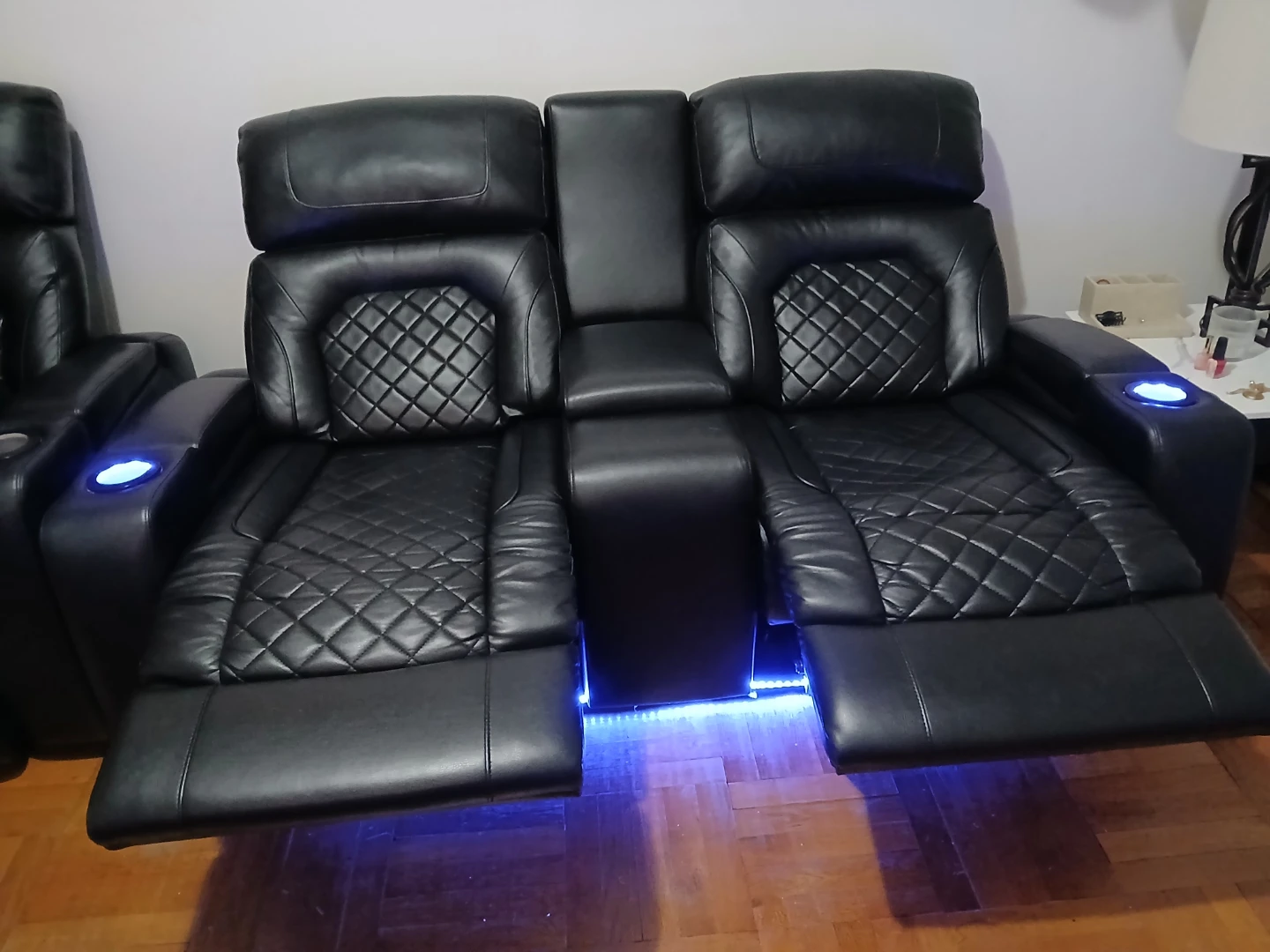 Black Leather Theater Seating Recliner Loveseat with Cup Holders