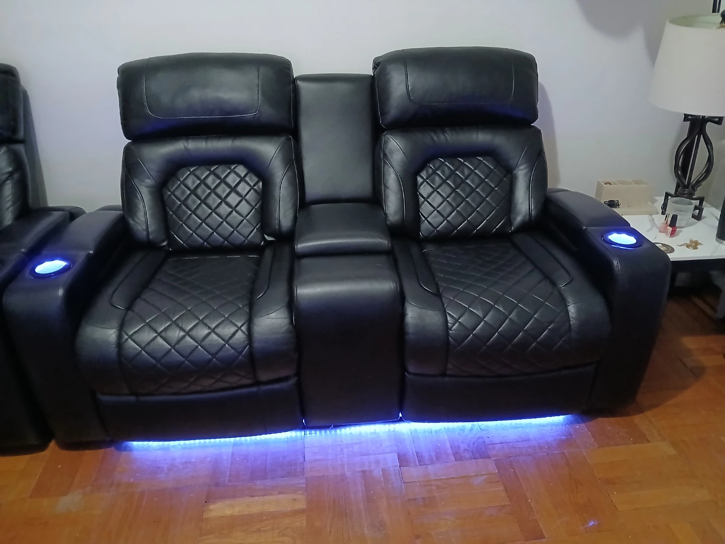 Black Leather Theater Seating Recliner Loveseat with Cup Holders - photo 2
