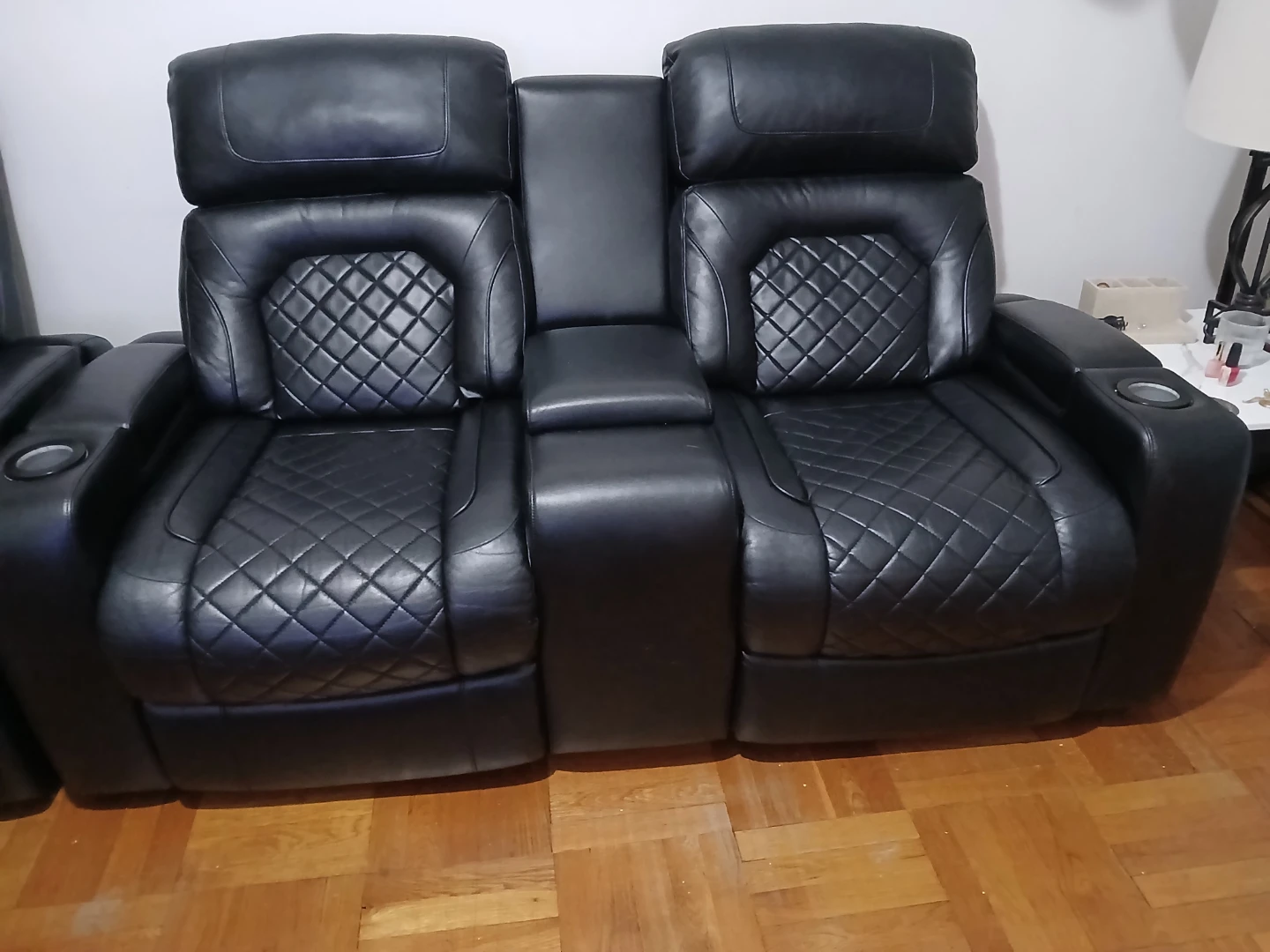 Black Leather Theater Seating Recliner Loveseat with Cup Holders - photo 3