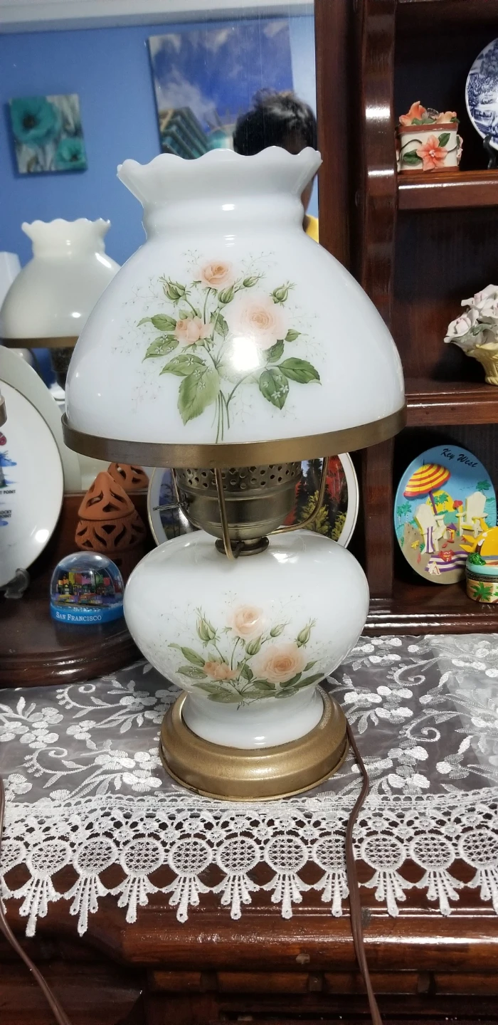 Pair of Vintage Rose Floral Milk Glass Lamps