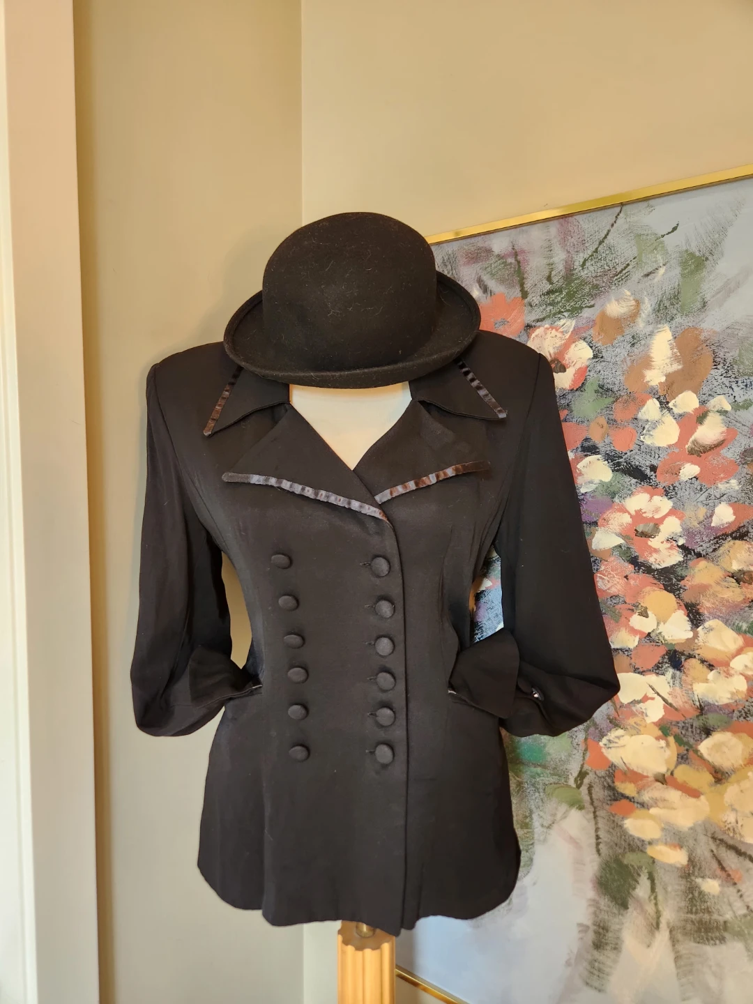 Black Double-Breasted Jacket with Ribbon Trim elegant 80's