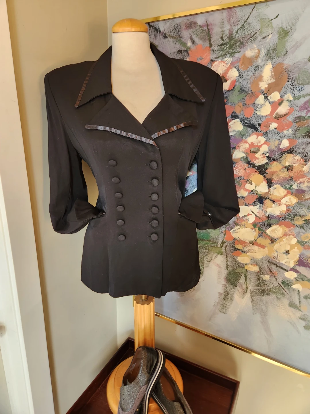 Black Double-Breasted Jacket with Ribbon Trim elegant 80's - photo 2