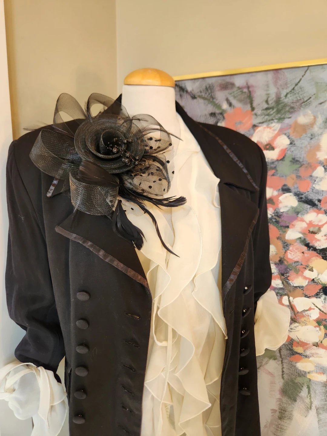 Black Double-Breasted Jacket with Ribbon Trim elegant 80's - photo 3