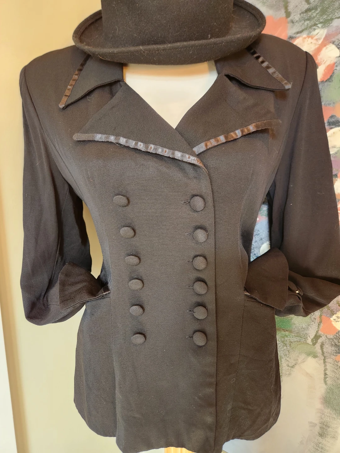 Black Double-Breasted Jacket with Ribbon Trim elegant 80's - photo 4