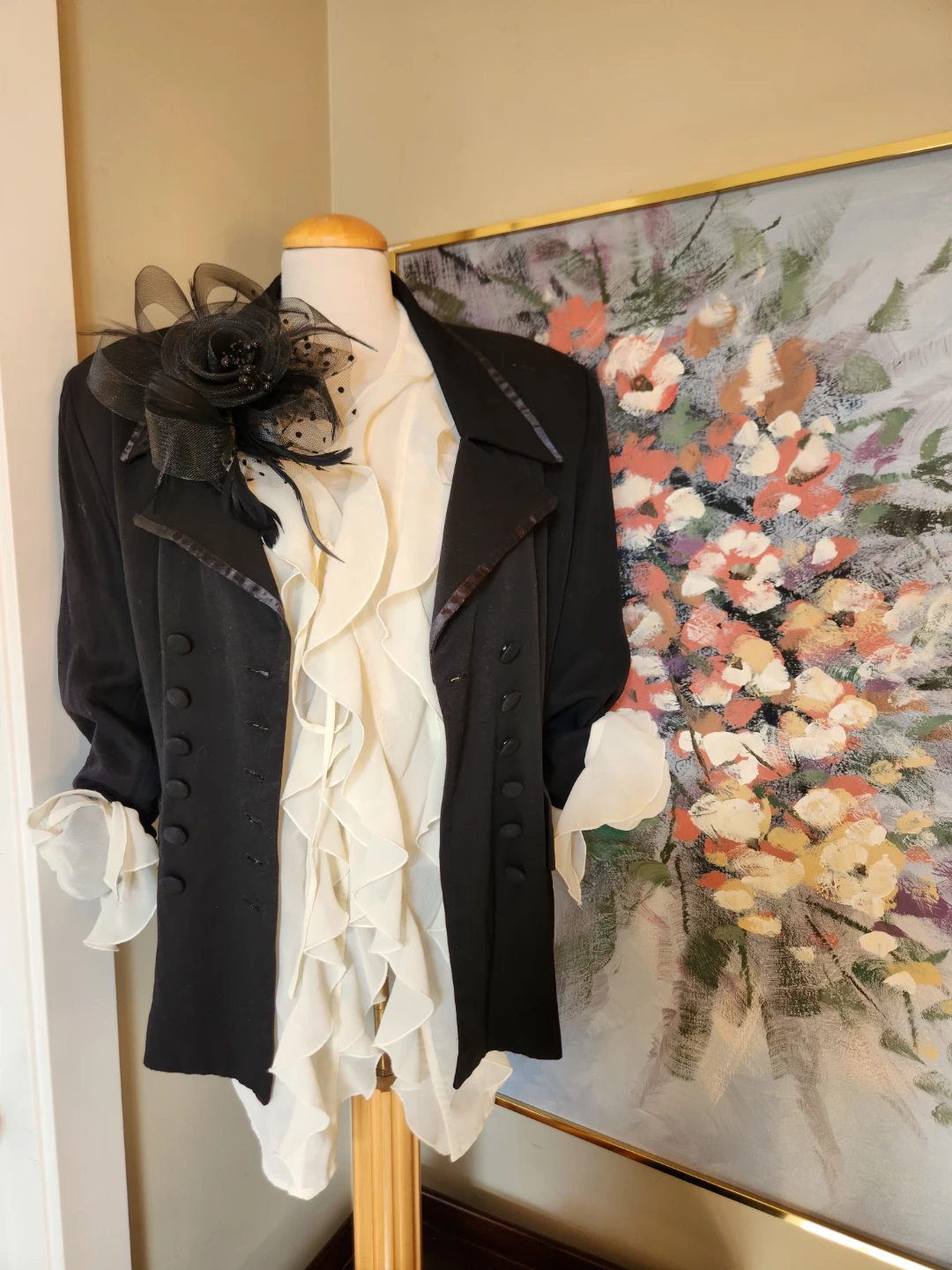 Black Double-Breasted Jacket with Ribbon Trim elegant 80's - photo 5