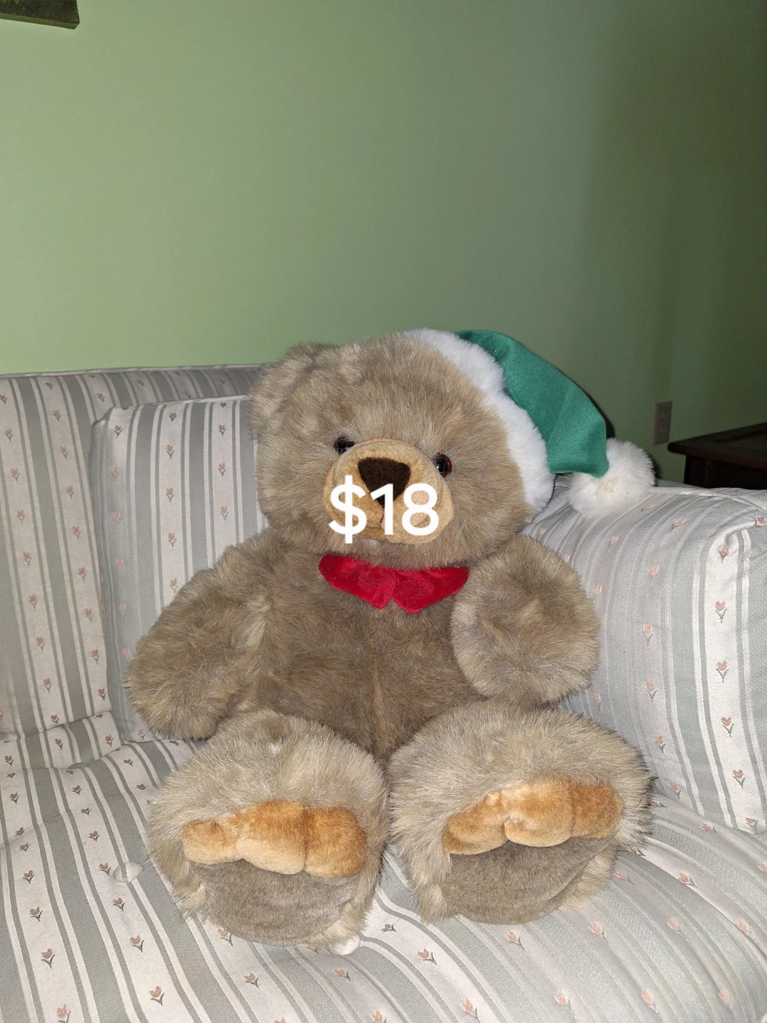 Brown Teddy Bear with Santa Hat and Red Bow