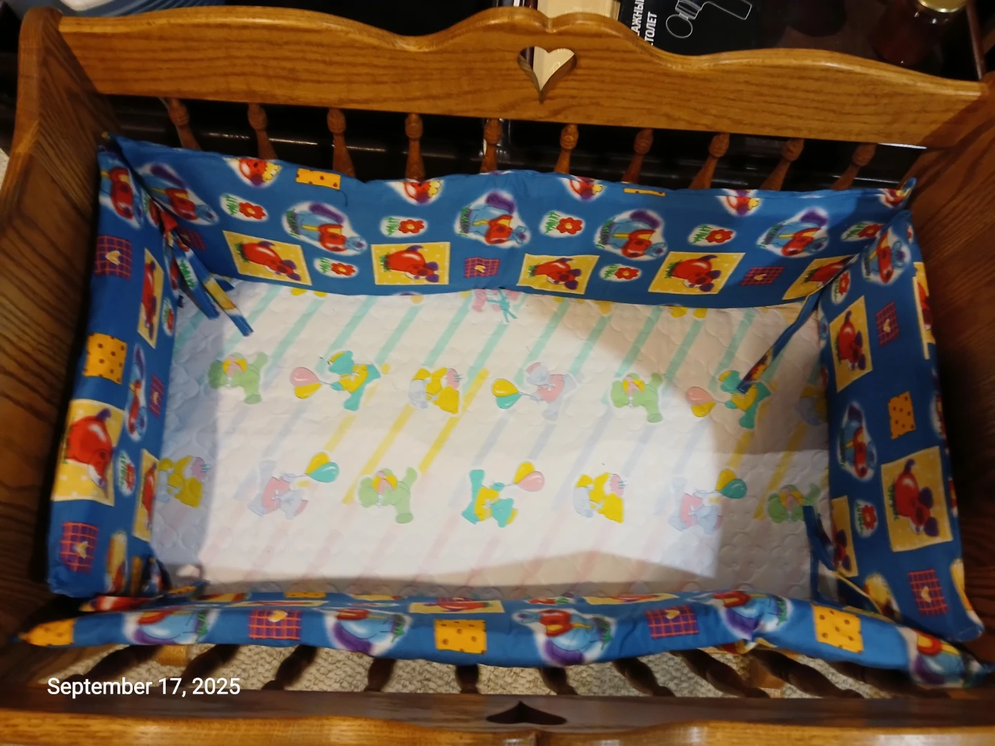 Wooden Cradle Rocker with Blue Animal Print Liner - photo 2