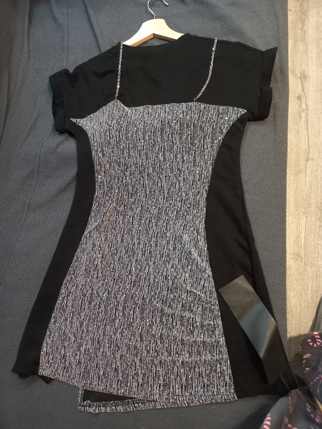 Black T-shirt dress with silver sequined overlay