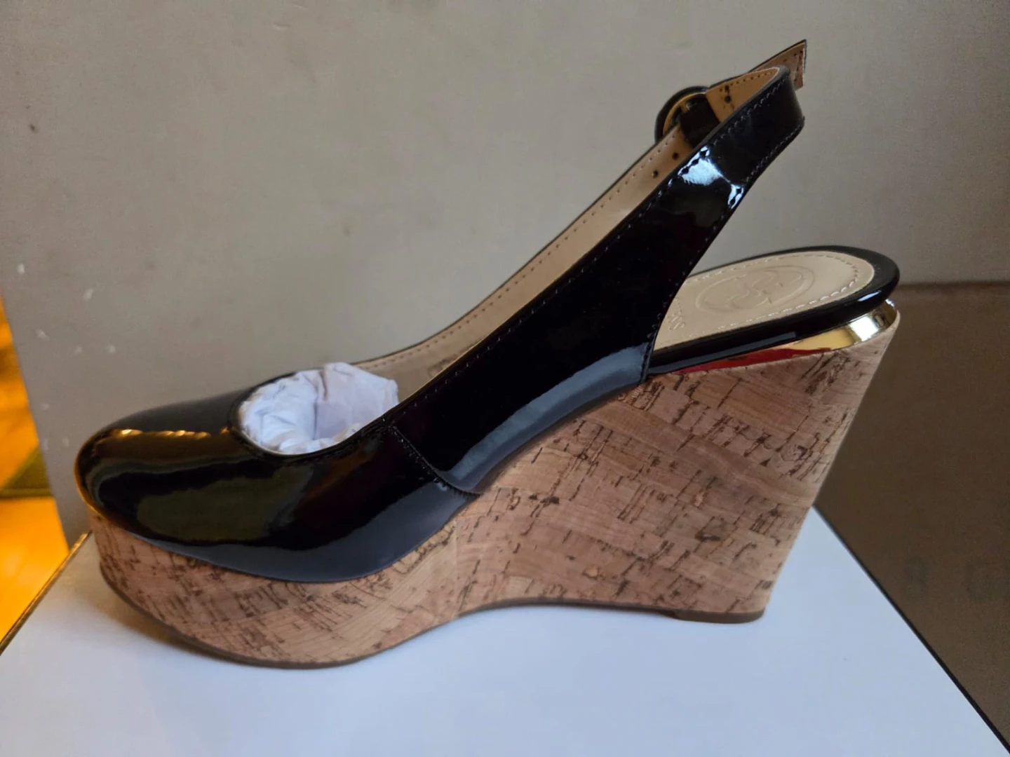 NEW Guess Black Patent Slingback Wedge Shoes