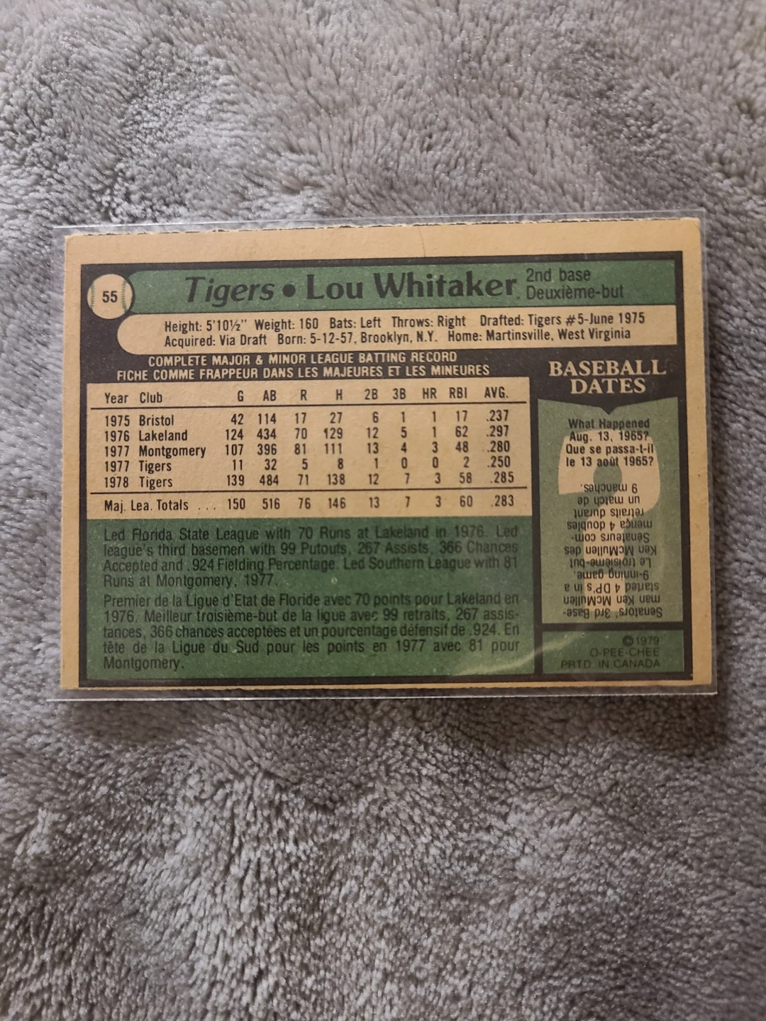 1979 O-Pee-Chee Lou Whitaker "Tigers" Baseball Card - photo 2