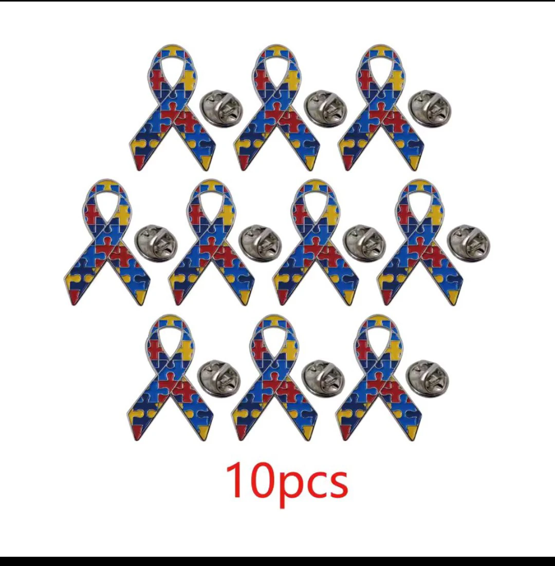 Autism Awareness Puzzle Ribbon Pins - 10 Pack