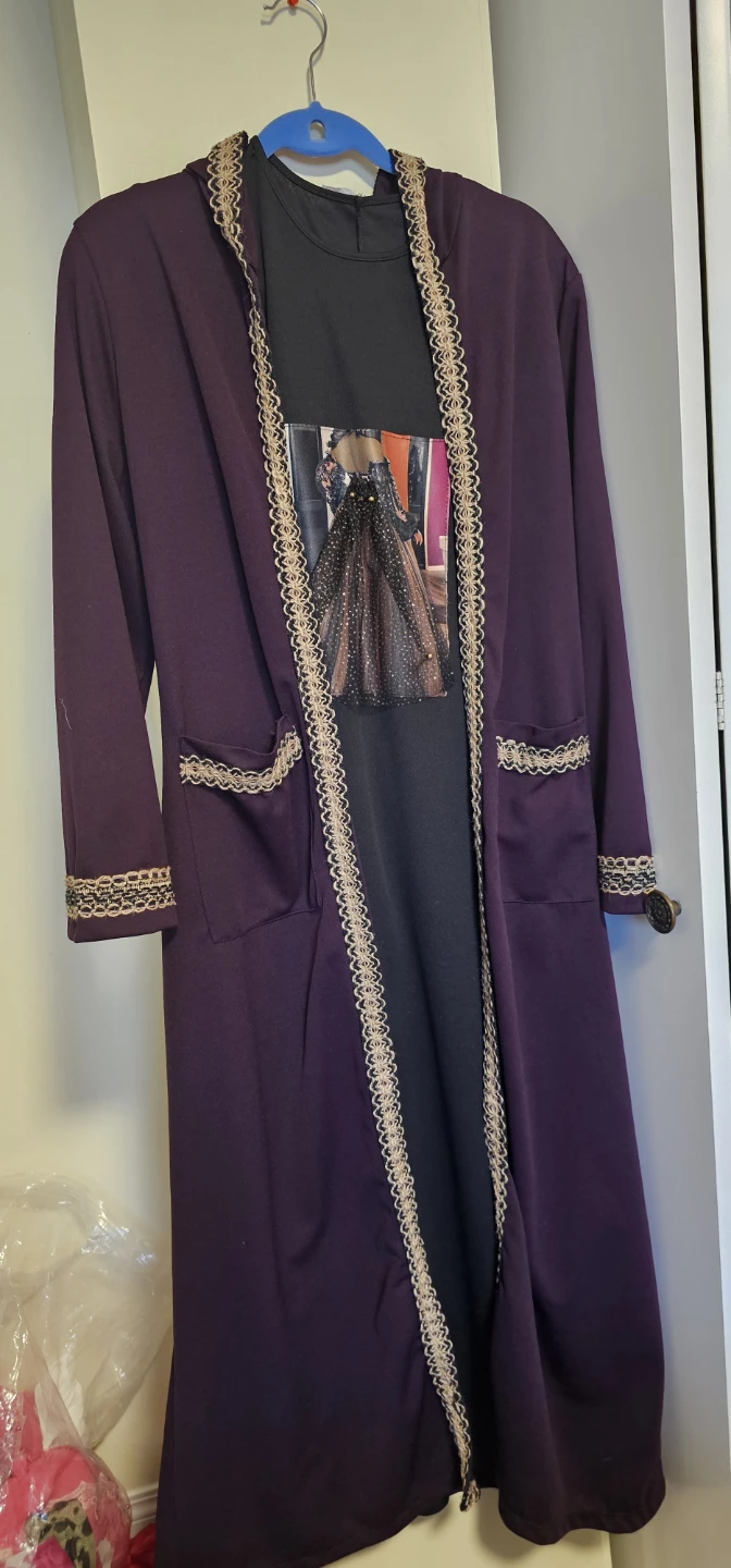 Purple abaya with decorative trim and graphic pocket