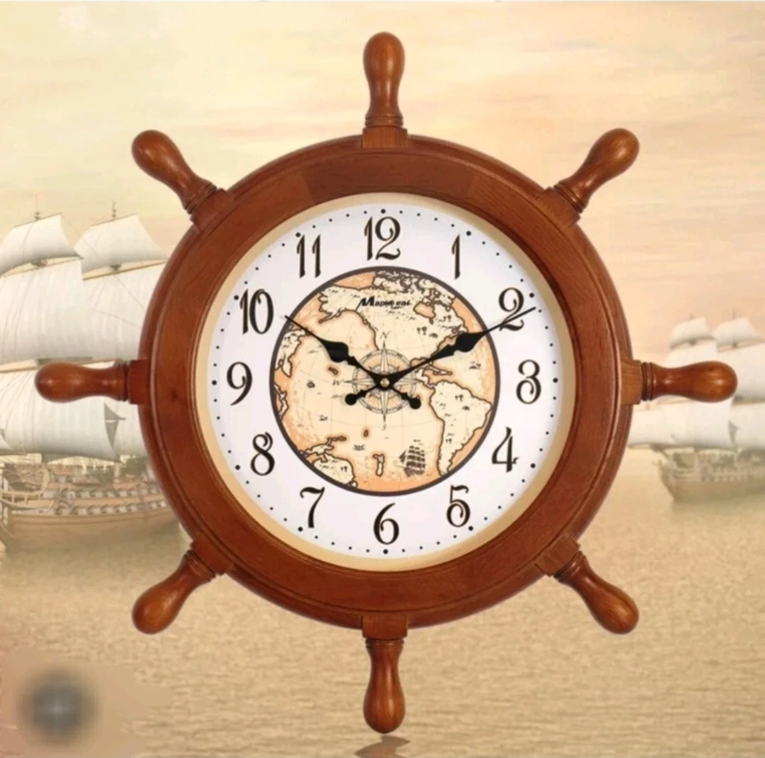 23" Wooden Ship Wheel Wall Clock Nautical Decor, Model #9018