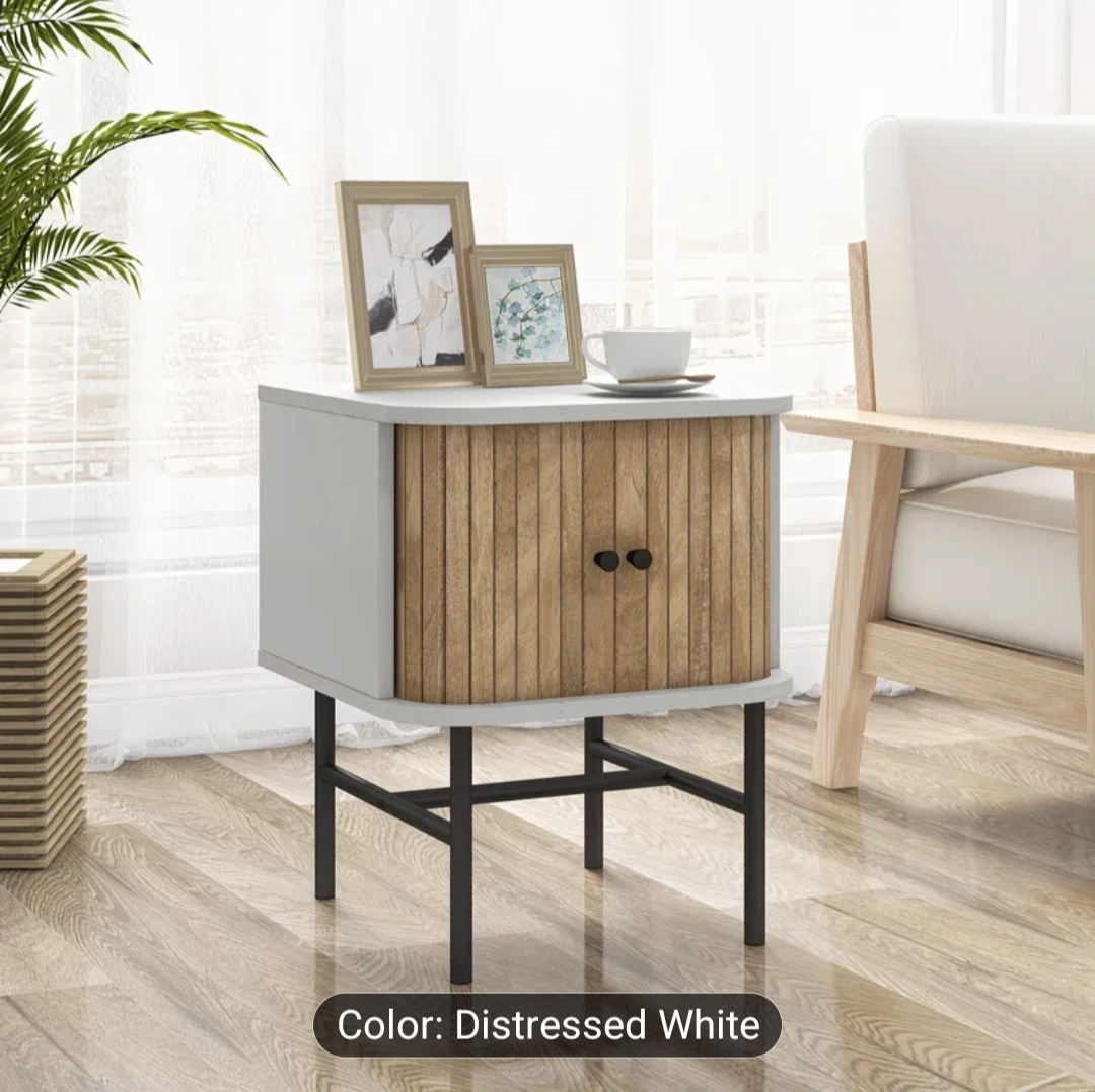 Wood and White Nightstand with Tambour Doors